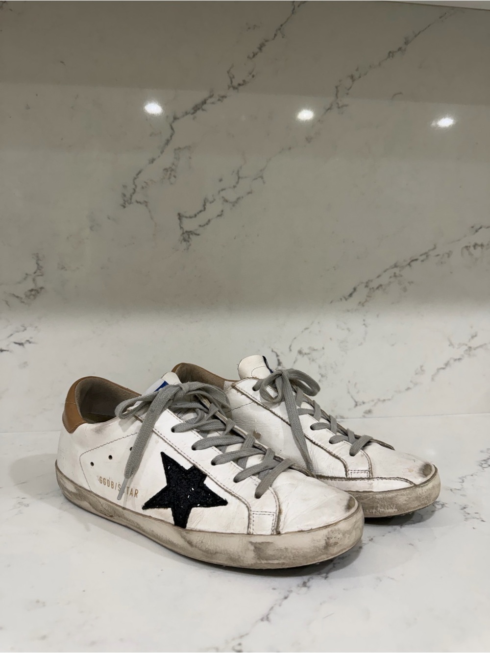 Golden Goose White Sneakers with Black Star and Tan Heel
